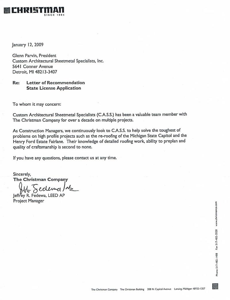 christman company letter of recommendation for CASS Sheetmetal Detroit MI