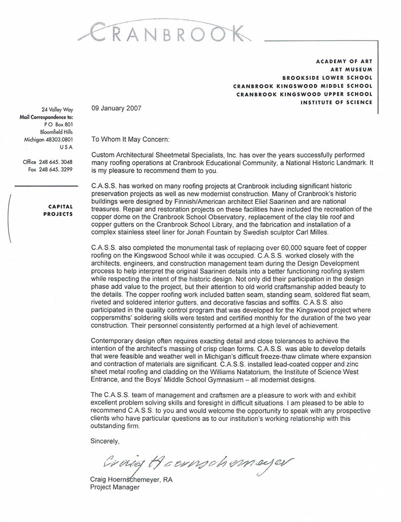 cranbrook instutute letter of recommendation for CASS Sheetmetal Detroit MI
