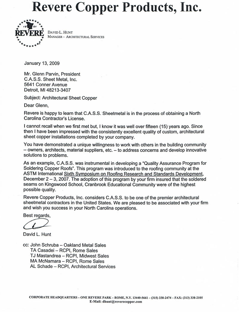revere company letter of recommendation for CASS Sheetmetal Detroit MI