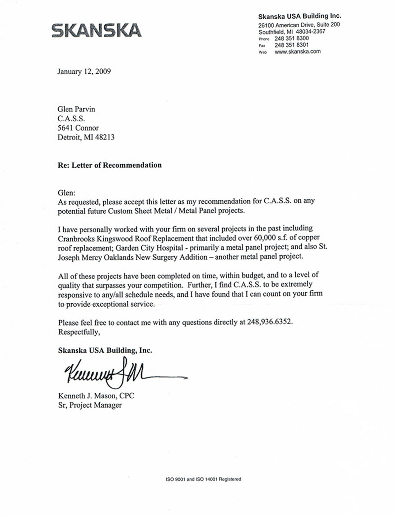 sanska letter of recommendation for CASS Sheetmetal Detroit MI